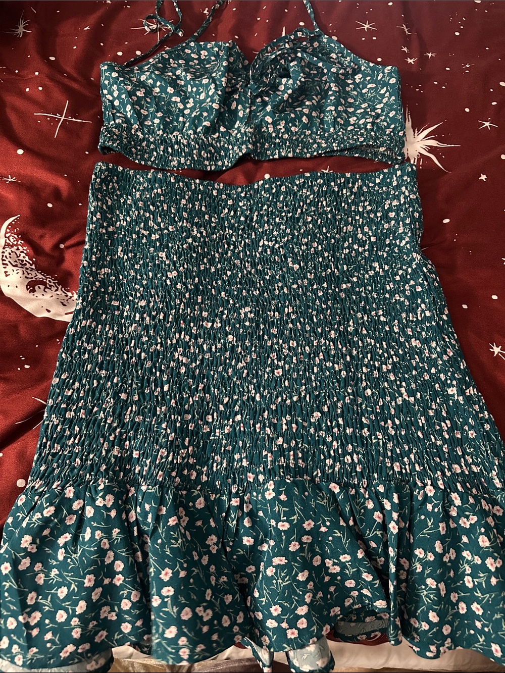 Teal Floral Smocked Midi Skirt - Brand Unknown